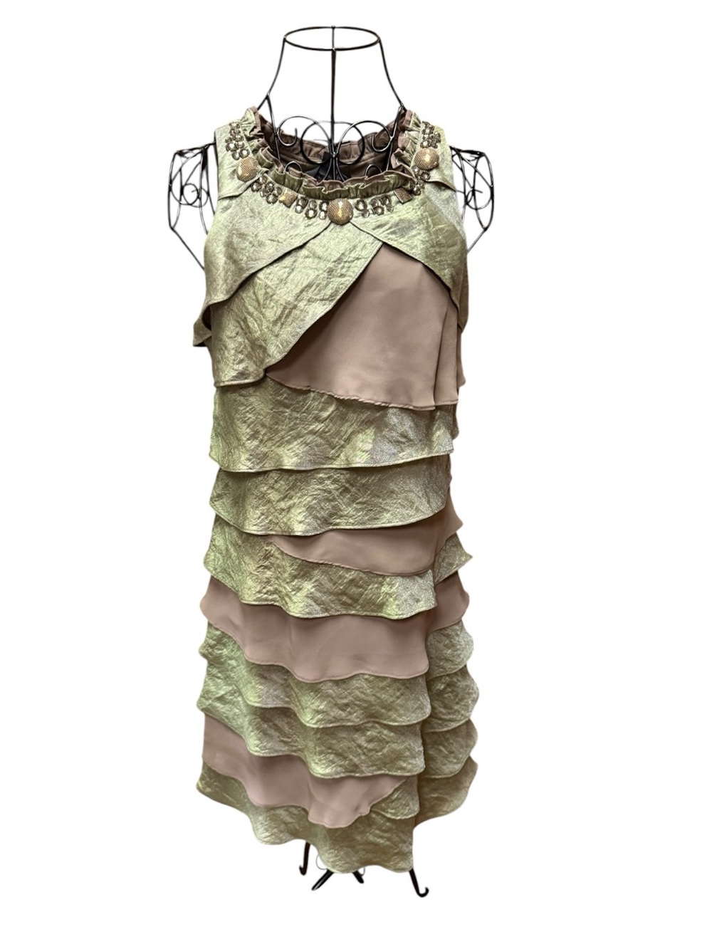 S.L. Fashions Sleeveless Tiered Ruffle Dress Embellished Neck Pale Green Beige